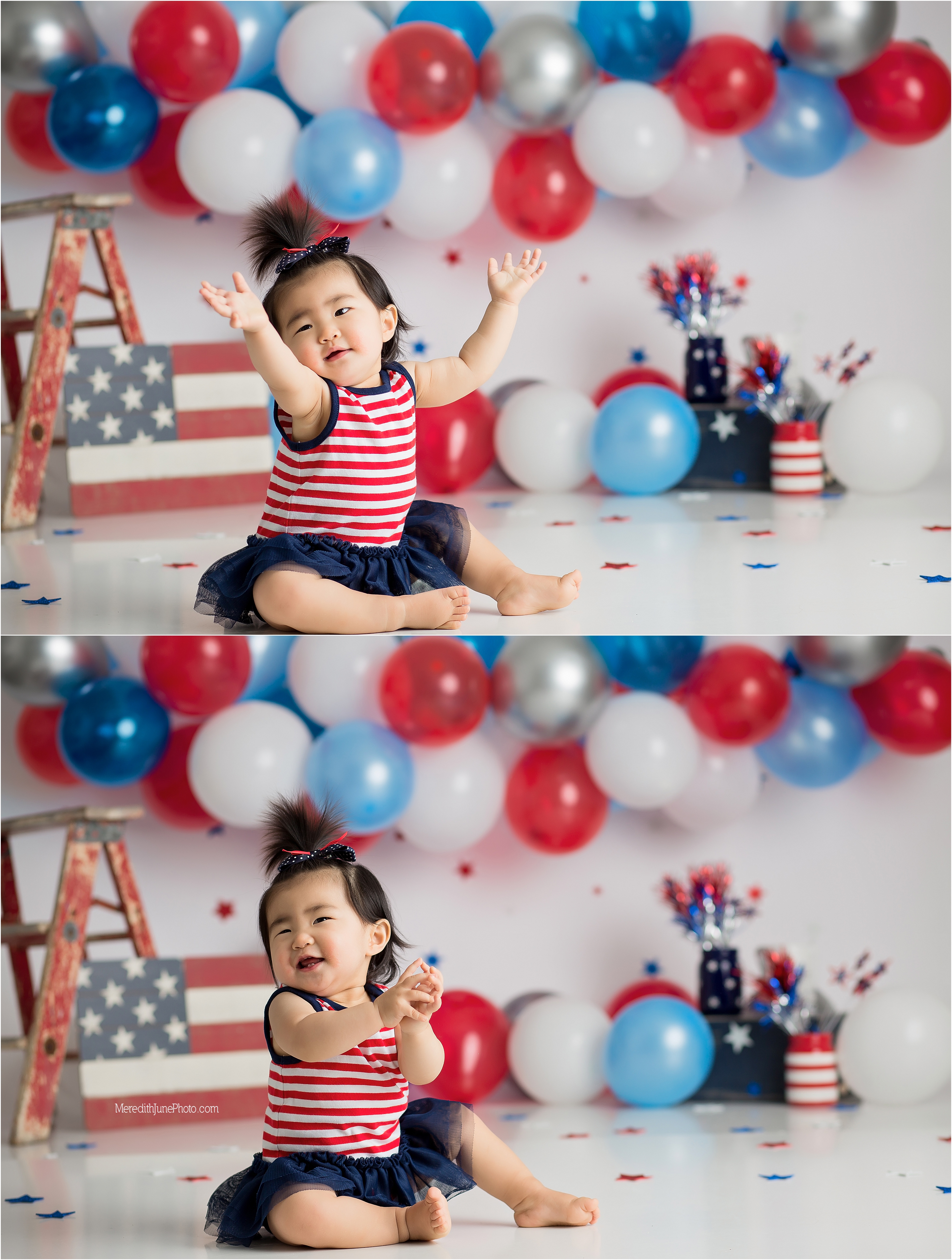 A red, white, and blue firework cake smash for a 4th of July baby