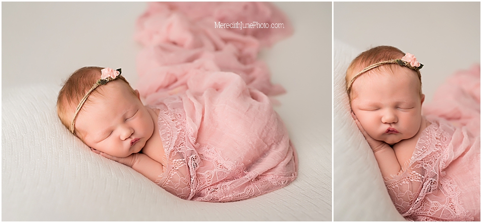 Newborn baby girl in pink by Meredith June Photogrpahy